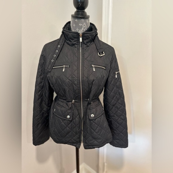 Michael Kors Petite Large Black Quilted Moto Jacket. Double Zip. Cinched Waist - Picture 1 of 16